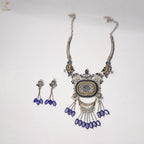 Heavy German Silver Tribal Bib Necklace Set | Blue Stone | Festive Statement | KV-5237