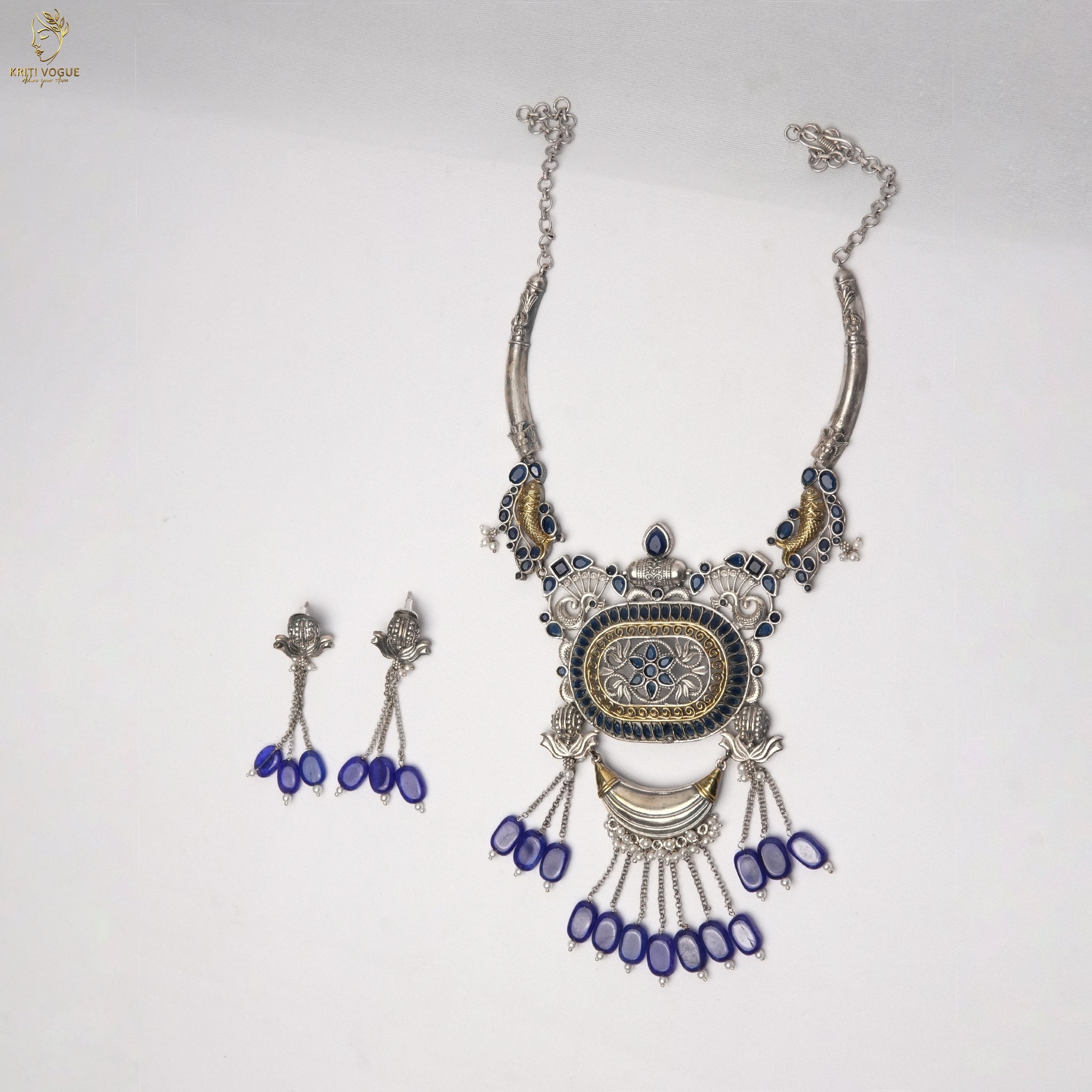 Heavy German Silver Tribal Bib Necklace Set | Blue Stone | Festive Statement | KV-5237