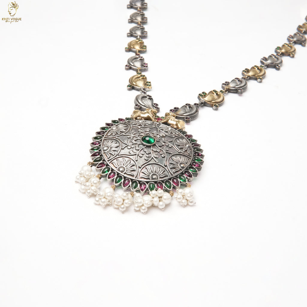 Oxidised Dual-Tone Elephant Necklace Set | Engraved Round Pendant | Pearl Drops | KV-5250