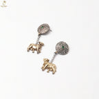 Oxidised Dual-Tone Elephant Necklace Set | Engraved Round Pendant | Pearl Drops | KV-5250