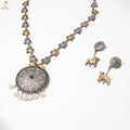 Oxidised Dual-Tone Elephant Necklace Set | Engraved Round Pendant | Pearl Drops | KV-5250