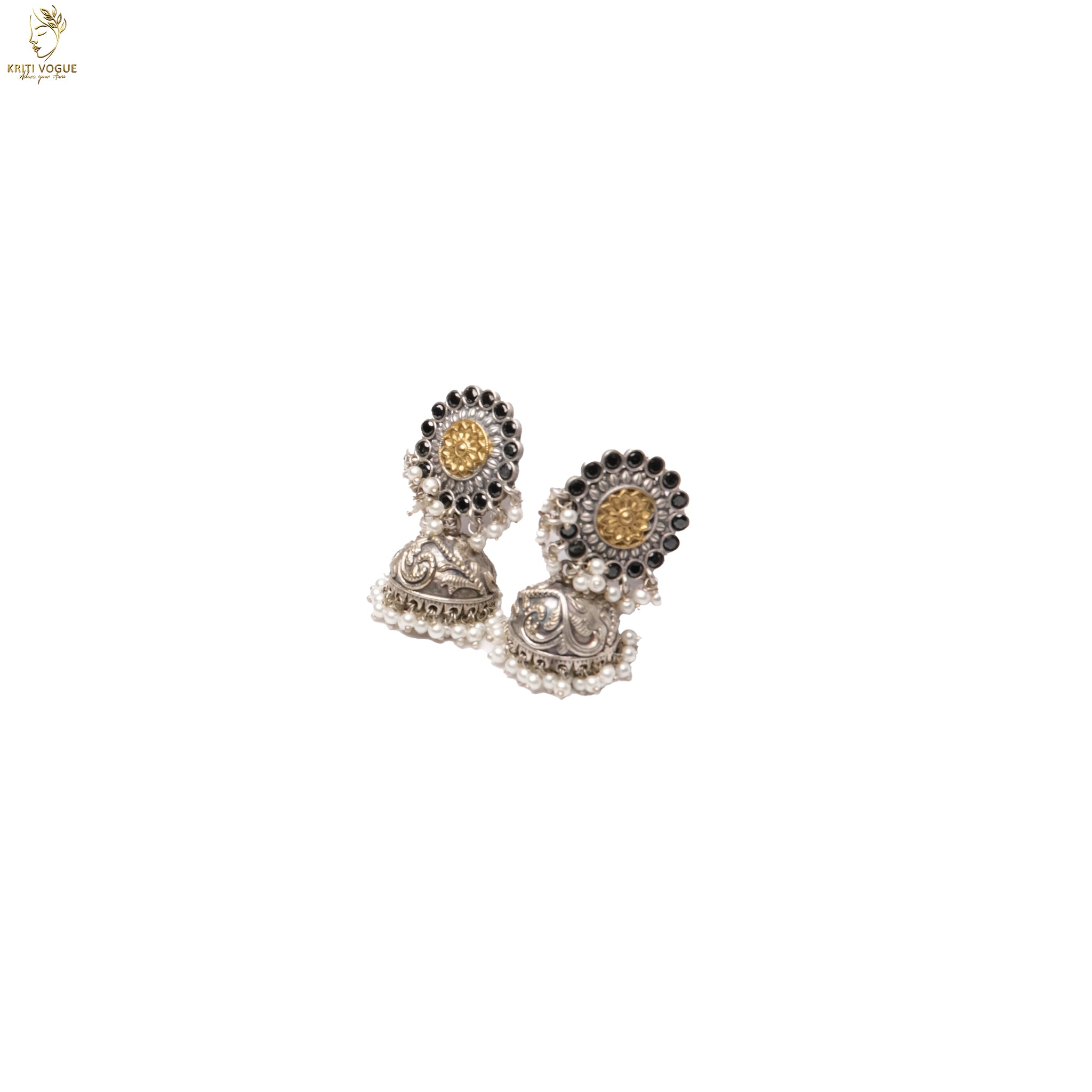 Oxidised Silver Choker Set | Black Stone Pearl Drop Pendant | Jhumka | KV-5256