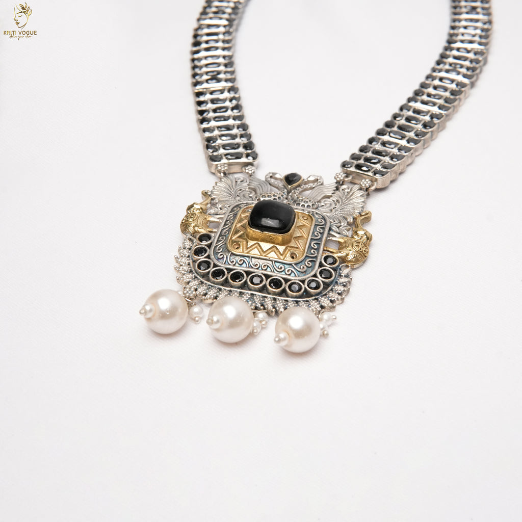 Oxidised Silver Choker Set | Black Stone Pearl Drop Pendant | Jhumka | KV-5256