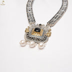 Oxidised Silver Choker Set | Black Stone Pearl Drop Pendant | Jhumka | KV-5256