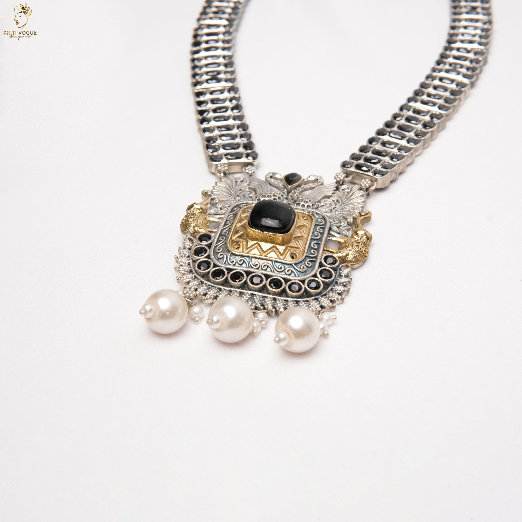 Oxidised Silver Choker Set | Black Stone Pearl Drop Pendant | Jhumka | KV-5256