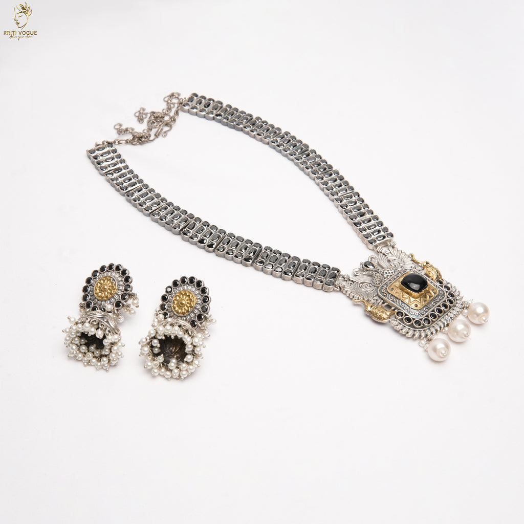 Oxidised Silver Choker Set | Black Stone Pearl Drop Pendant | Jhumka | KV-5256