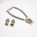 Oxidised Silver Choker Set | Black Stone Pearl Drop Pendant | Jhumka | KV-5256
