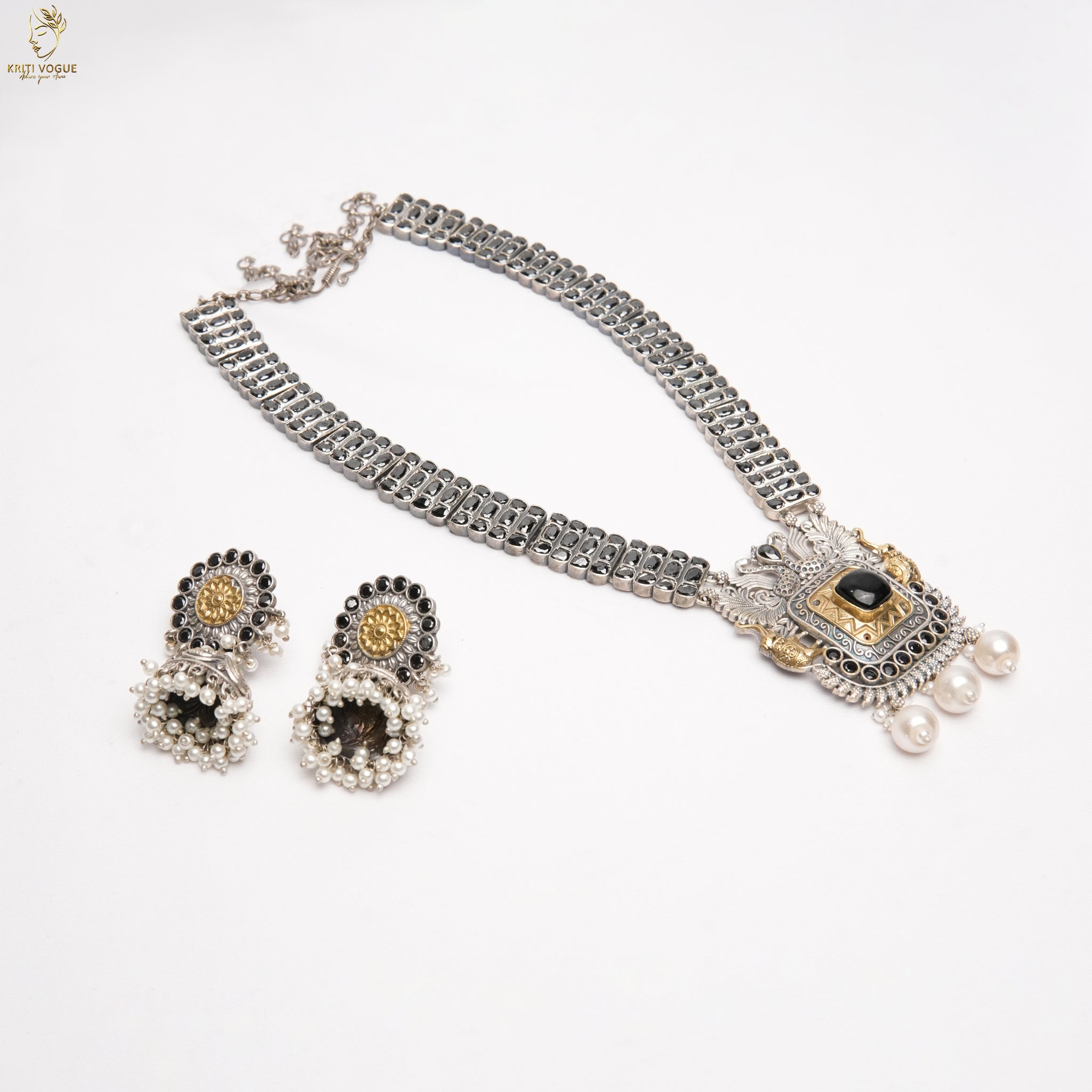 Oxidised Silver Choker Set | Black Stone Pearl Drop Pendant | Jhumka | KV-5256