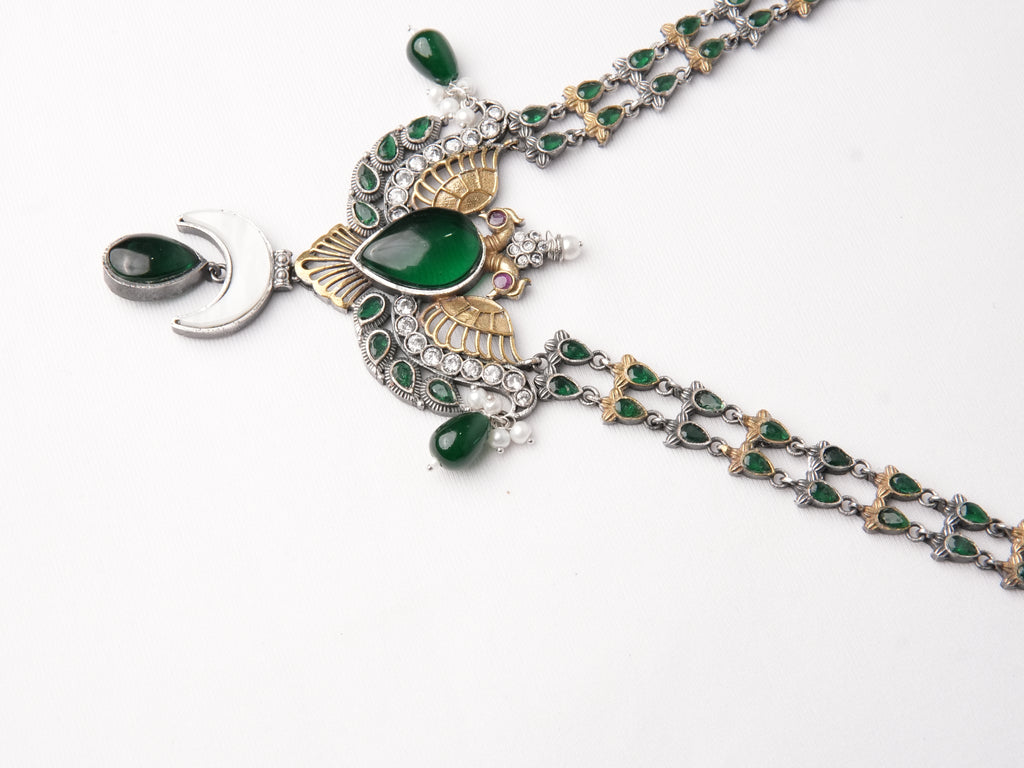 German Silver Oxidised Peacock Pendant Necklace | Emerald CZ | Bohemian Ethnic | KV-5274