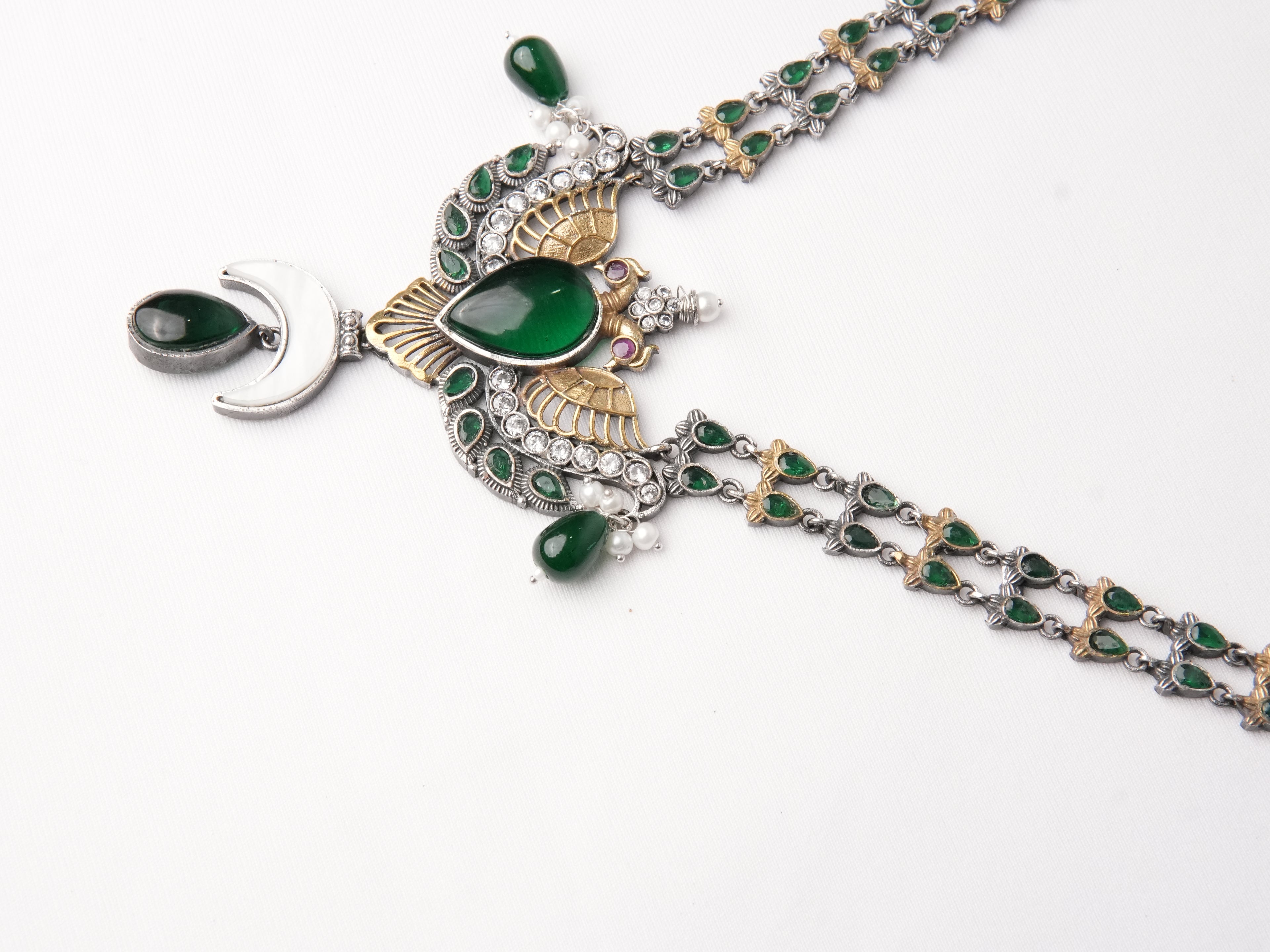 German Silver Oxidised Peacock Pendant Necklace | Emerald CZ | Bohemian Ethnic | KV-5274