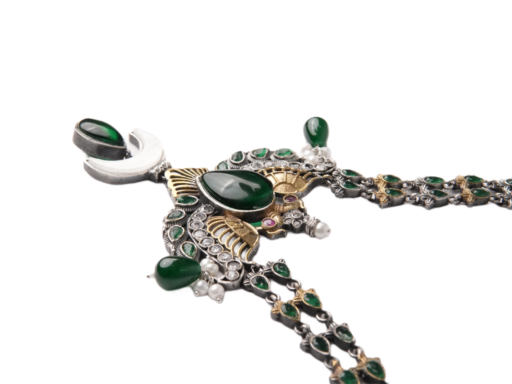 German Silver Oxidised Peacock Pendant Necklace | Emerald CZ | Bohemian Ethnic | KV-5274