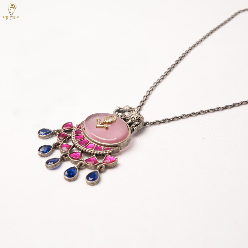 Oxidised Silver Elephant Necklace Set | Pink & Blue Stone | Tribal Boho | KV-5275