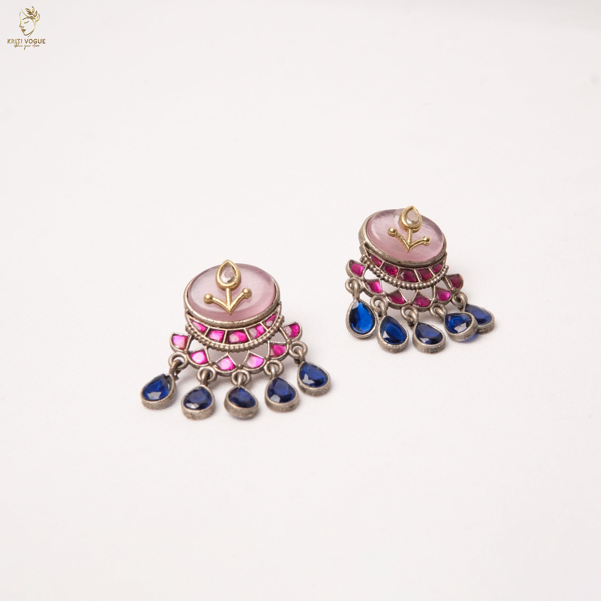 Oxidised Silver Elephant Necklace Set | Pink & Blue Stone | Tribal Boho | KV-5275