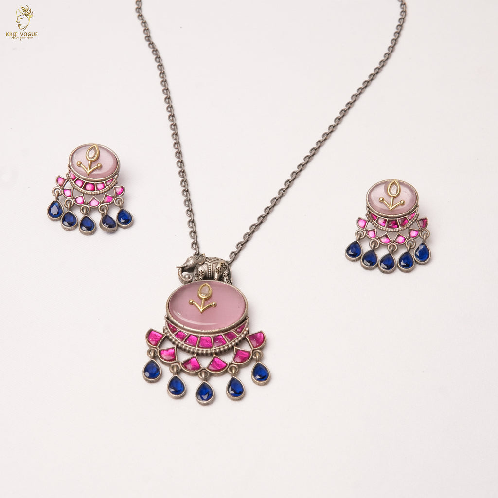 Oxidised Silver Elephant Necklace Set | Pink & Blue Stone | Tribal Boho | KV-5275