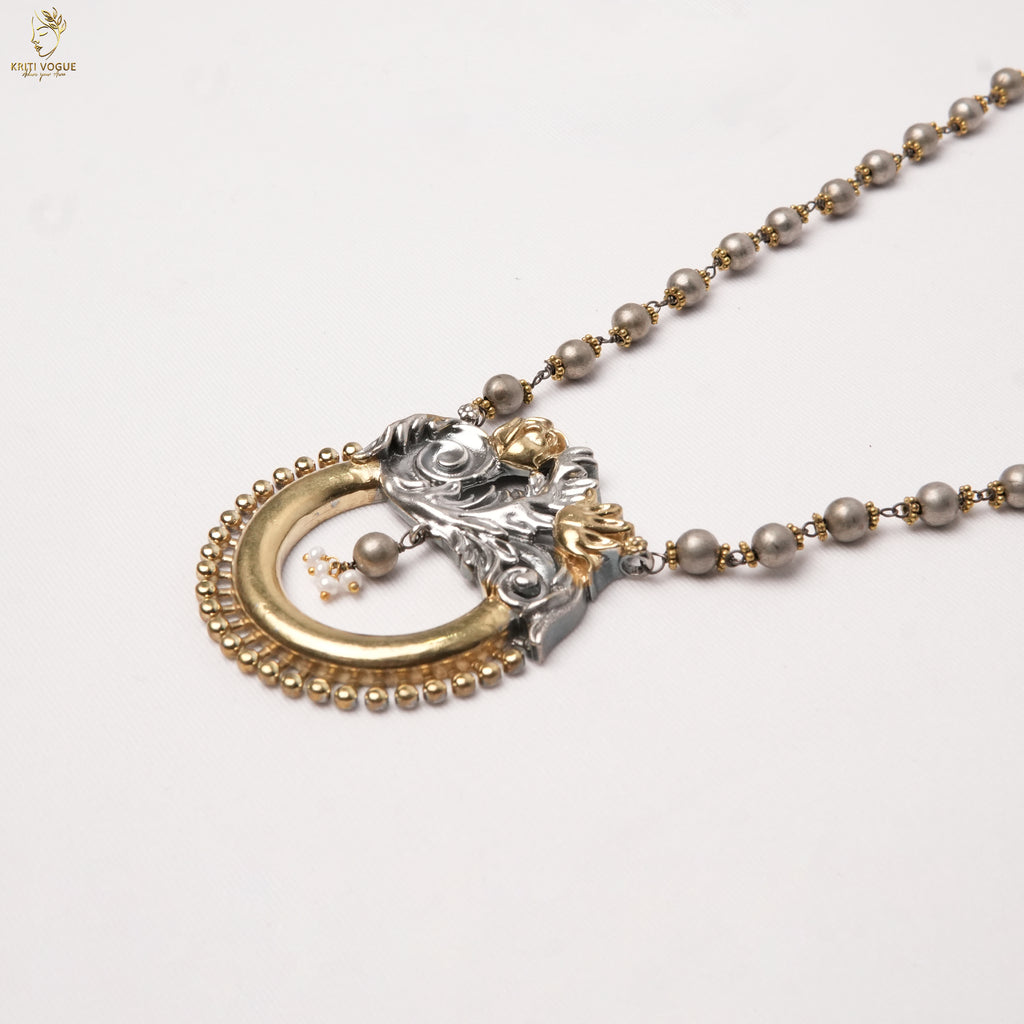 German Silver Dual-Tone Pearl Mala Set | Floral Pendant & Earrings | KV-5276