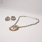 German Silver Dual-Tone Pearl Mala Set | Floral Pendant & Earrings | KV-5276